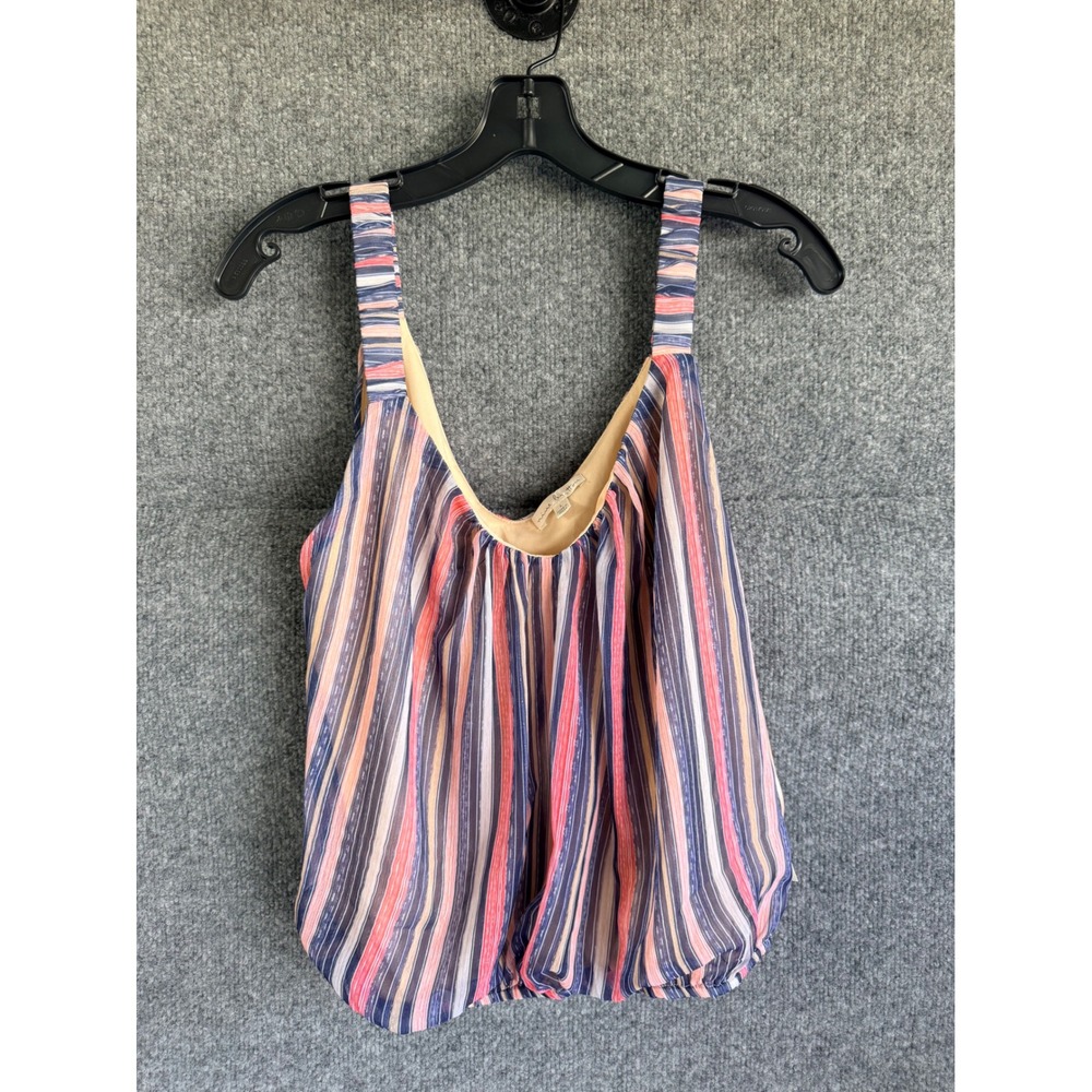 Nine Britton Womens Striped V-Neck Tank Top Ruched Straps Large Navy Coral